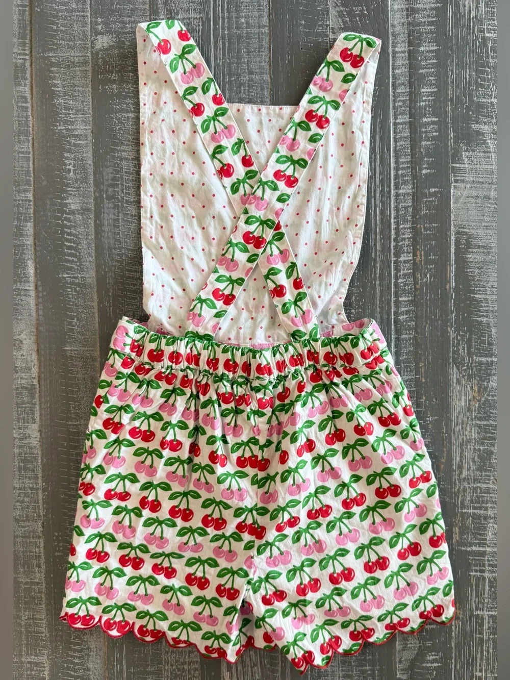 Mini Boden Pink & Red Cherry Print Cotton Overalls